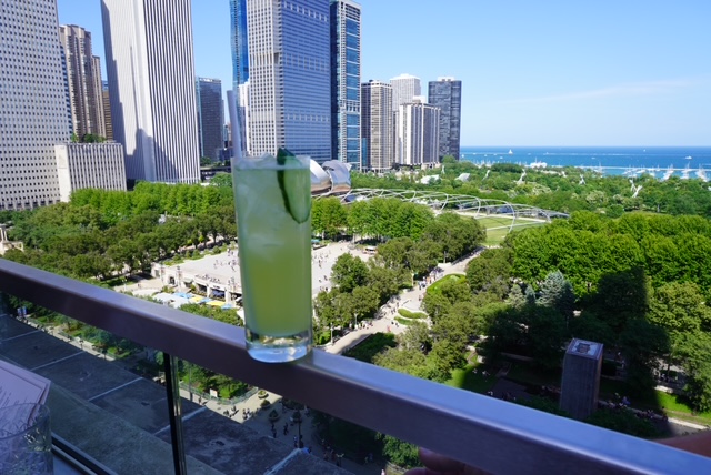 Cucumber cocktail on a rooftop overlooking Chicago’s Millennium Park and Lake Michigan on a sunny summer day.