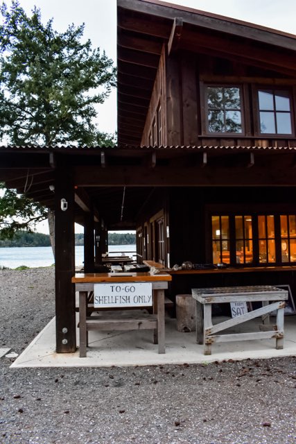 Rustic waterfront shack with “To-Go Shellfish Only” sign at dusk, warm lights glowing inside.