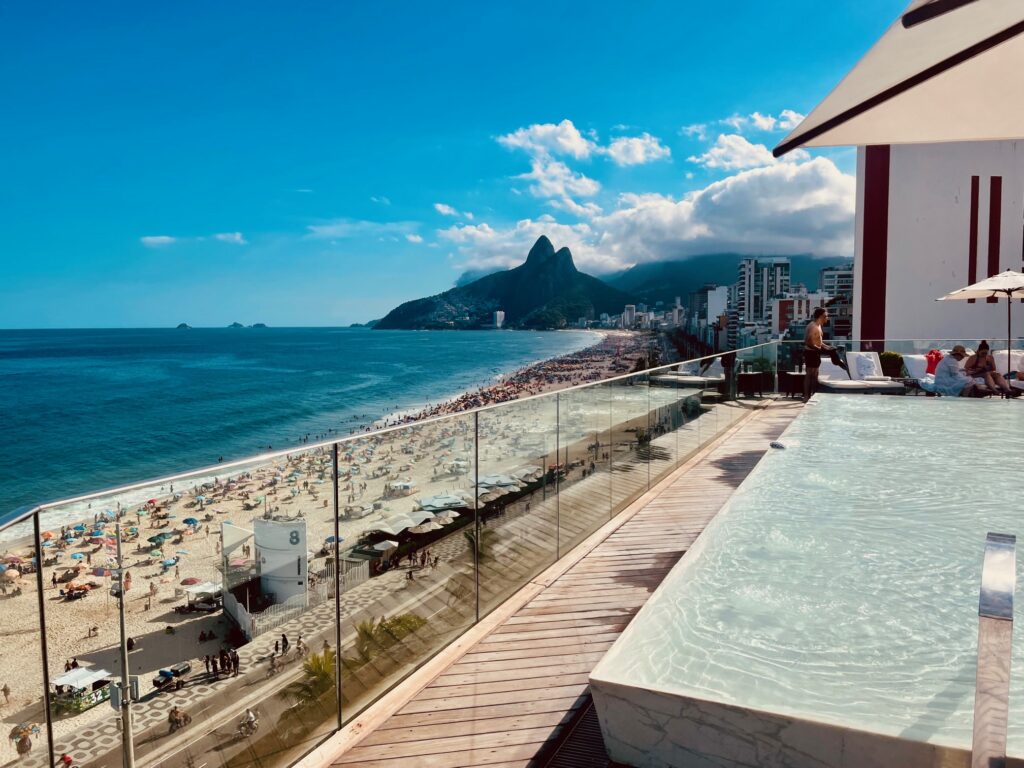Rooftop infinity pool overlooking Ipanema Beach and Rio’s Two Brothers Mountain.