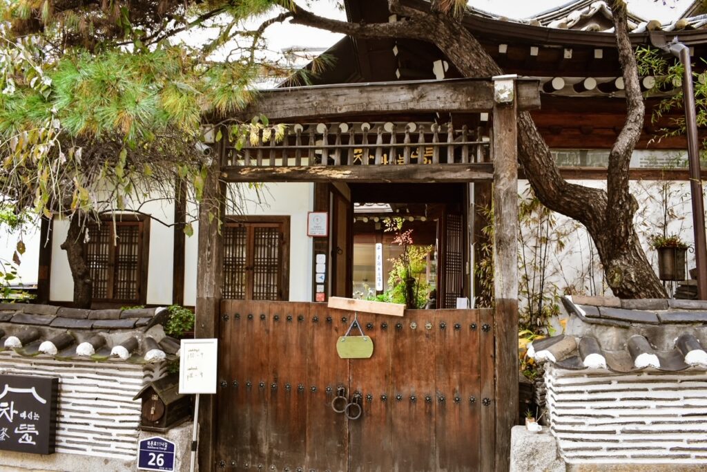 Rustic hanok-style tea house entrance at Cha Teul.