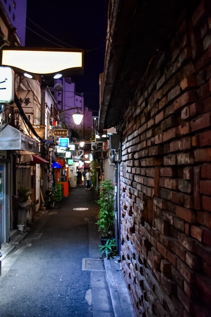 Narrow brick-lined alley of Golden Gai in Tokyo illuminated by bar signs at night.