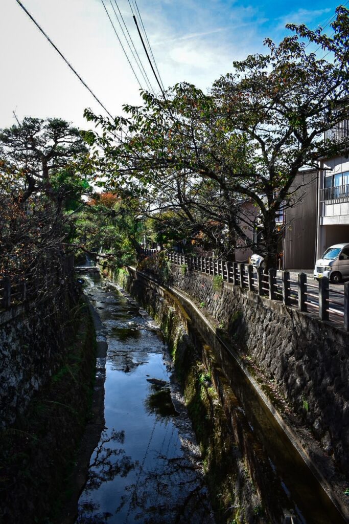 Narrow canal lined with stone walls and cherry trees running through a quiet street in Takayama’s Old Town.