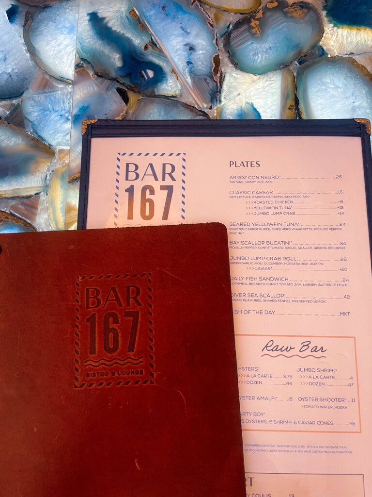 A leather-bound menu from Bar 167 resting on top of the restaurant’s printed food menu, featuring a selection of seafood dishes and raw bar items against a stylish blue-toned background.