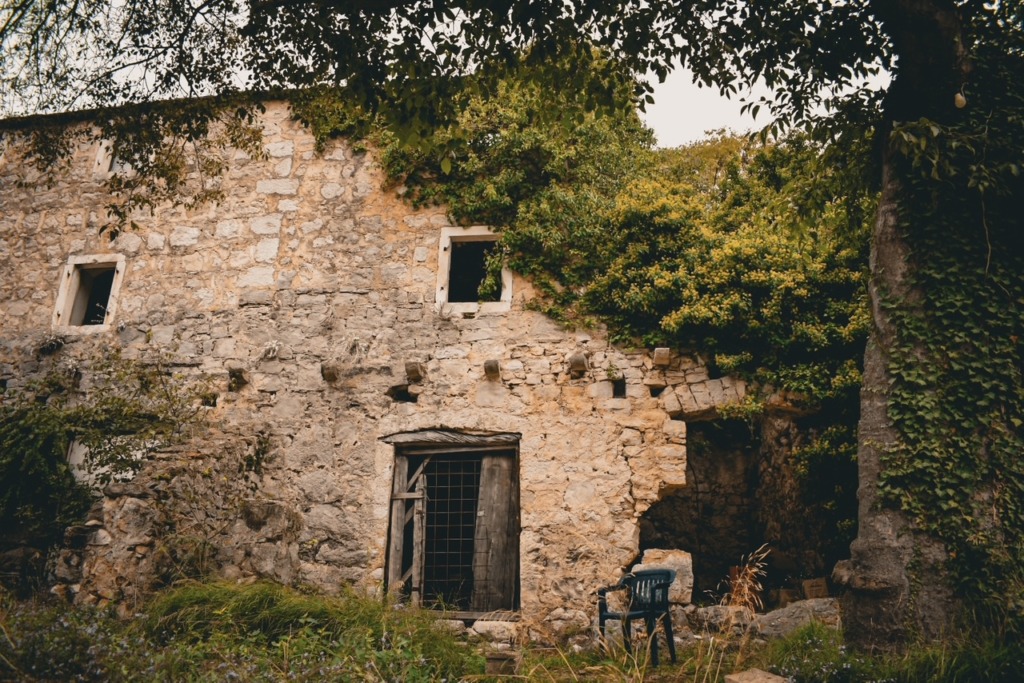 Weathered stone farmhouse partially covered in greenery in Malo Grablje
