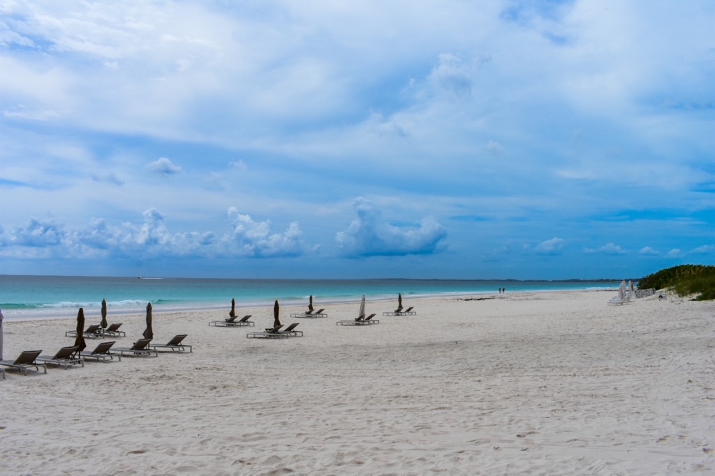 Empty lounge chairs along the shoreline at Pink Sand Beach on Harbour Island in the Bahamas.