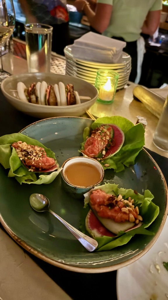 Tuna lettuce wraps with dipping sauce and bao buns at The Nautilus restaurant in Nantucket.