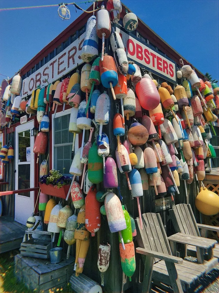 A red Maine lobster shack covered floor to ceiling in colorful lobster buoys, with a weathered Adirondack chair out front under a clear blue sky