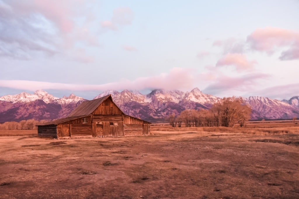 The historic Moulton Barn on Mormon Row at dawn, with the snow-capped Grand Teton range glowing pink in the early morning light behind it